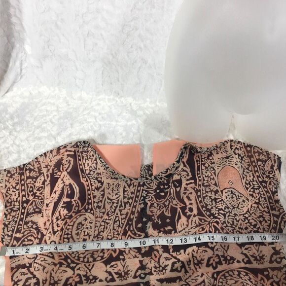 Womens Short Sleeve Blouse Slit Back Hi Low Hem Top Patterned Tan Peach Medium - Picture 3 of 4